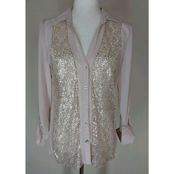 Vanity Blush Pink Sheer Sequin Blouse Women's Medium Long Roll Tab Sleeves New - Picture 1 of 11